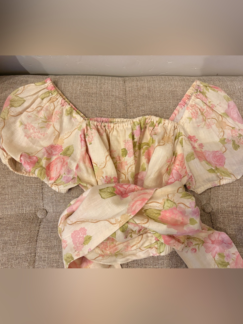 Spell Cream Off-Shoulder Floral Blouse with Pink Roses - Picture 1 of 5